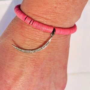 SHASHI Pink Beaded Stretchy Bracelet with Silver Crystal Crescent Moon Charm